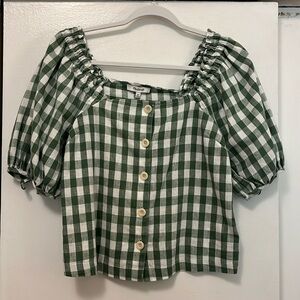Puff sleeve green gingham top